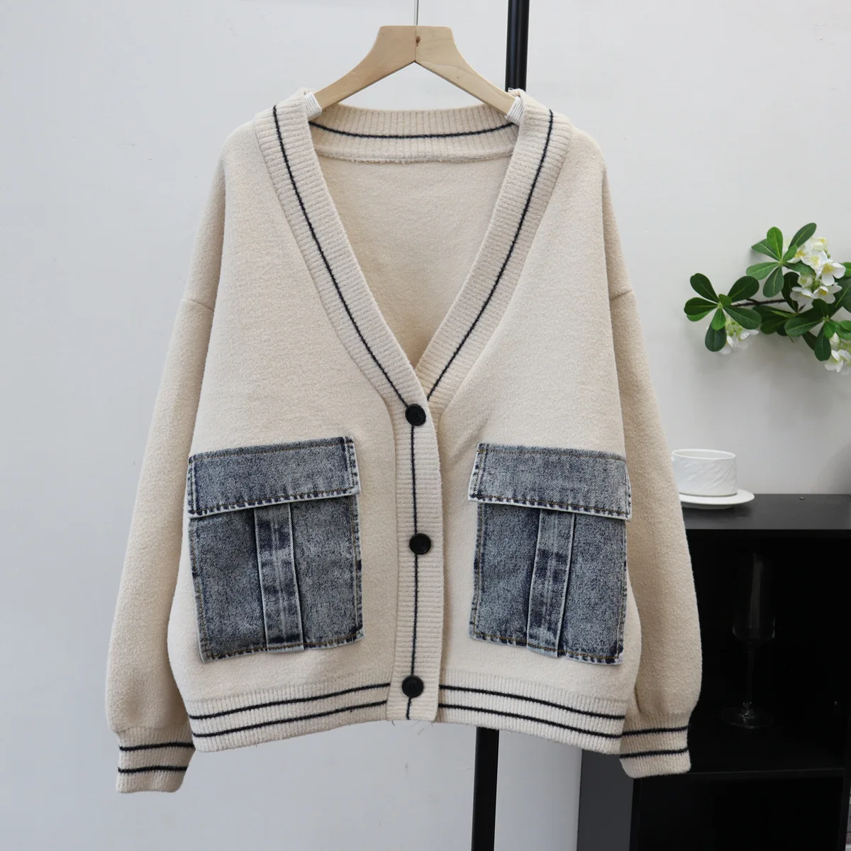 

Women Blends Short Coats Casual Wool Jackets Denim Pocket Patchwork Long Sleeves Zipper Loose Office Lady Elegant 2025 Autumn