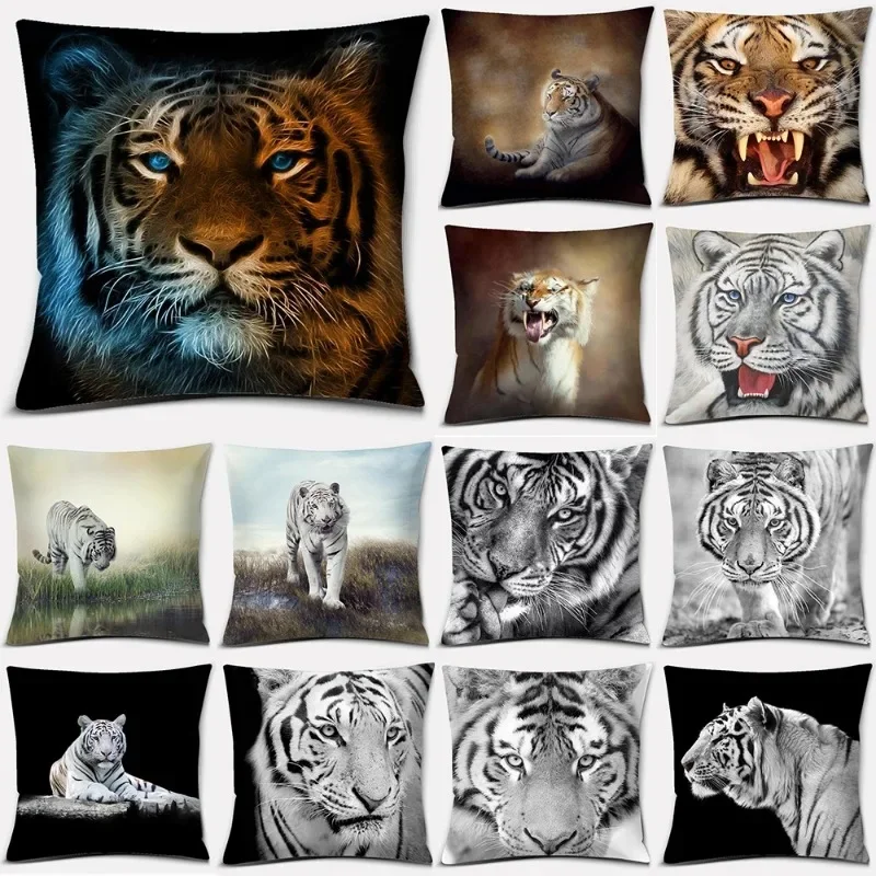 Tiger and lion animal print pattern cushion cover for home living room sofa office car decoration square throw pillow pillowcase