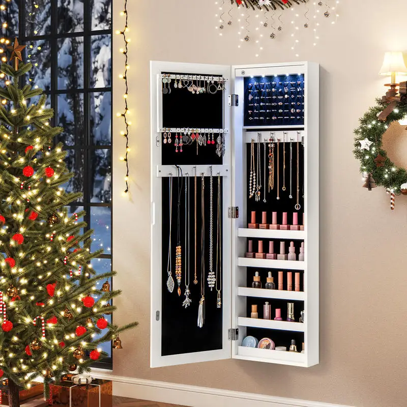 Wall Mounted Jewelry Armoire With Full Length Mirror, MDF Cabinet With Auto LED Lights And Velvet Lining, Large Capacity Organizer For Bedroom Or Store Display, White