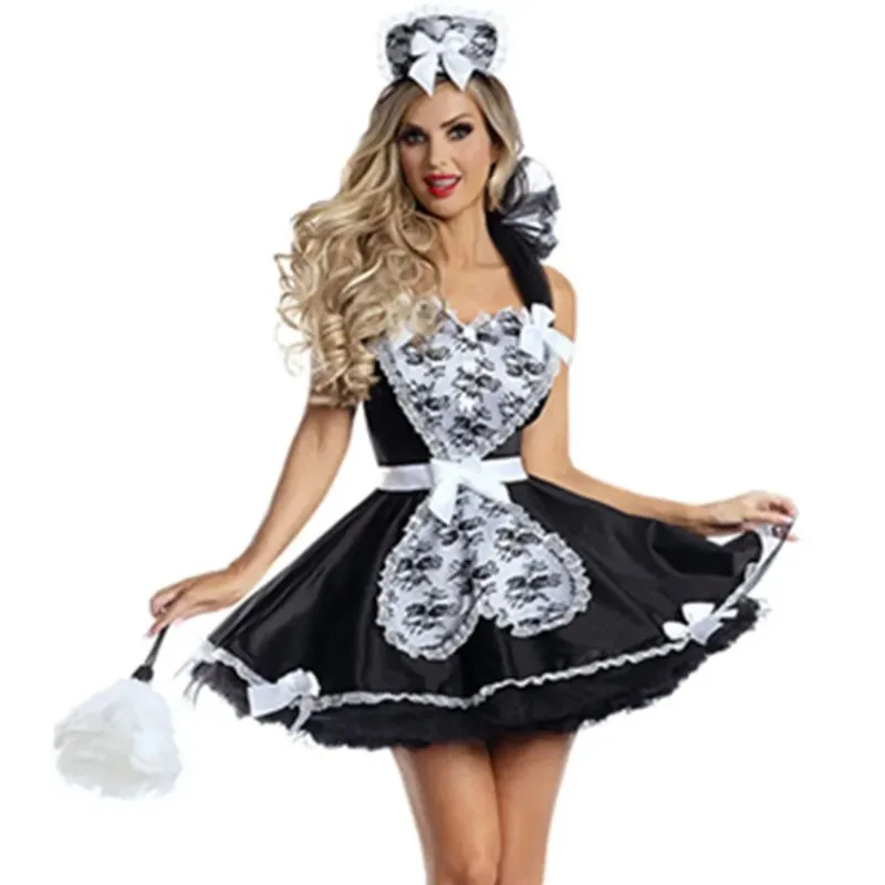 

Черный милый костюм французской горничной для косплея, платье Лолиты для девочек, сексуальные платья, женская официантка, вечерние костюмы горничной, сценическая одежда, большие размеры