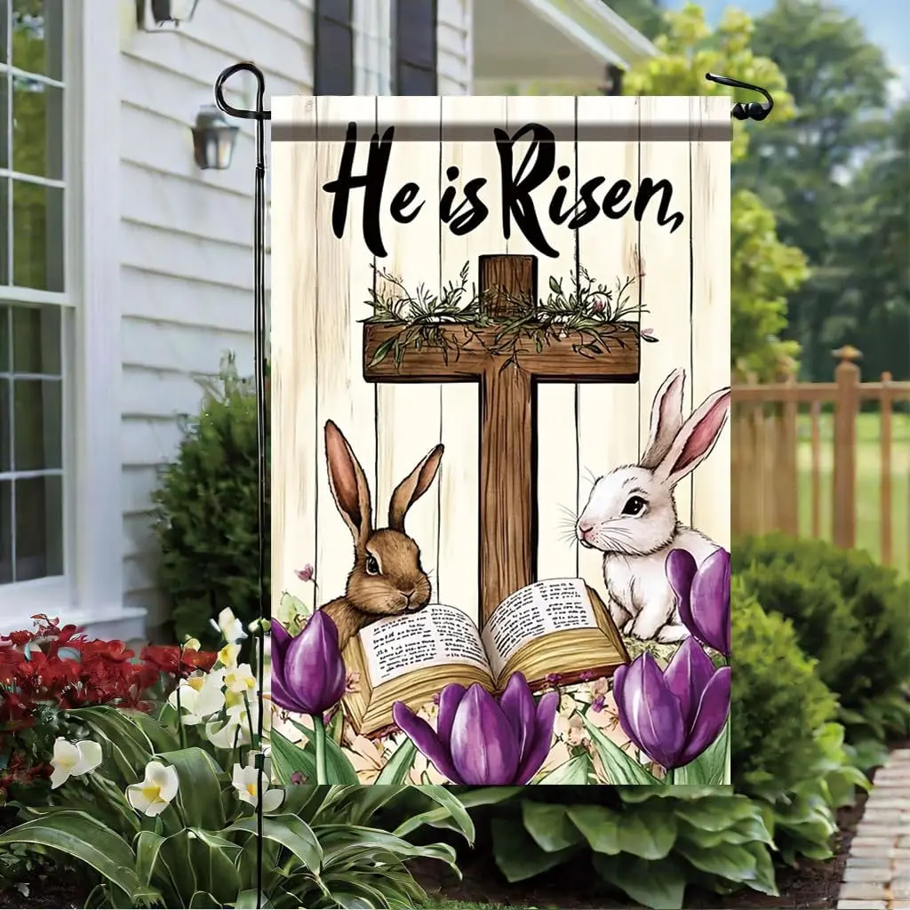 He Is Risen Garden Flag 12x18 Inch Double Sided Easter Cross Bible Bunny Tulip Yard Flag Religious Christian Outdoor Porch L zzo