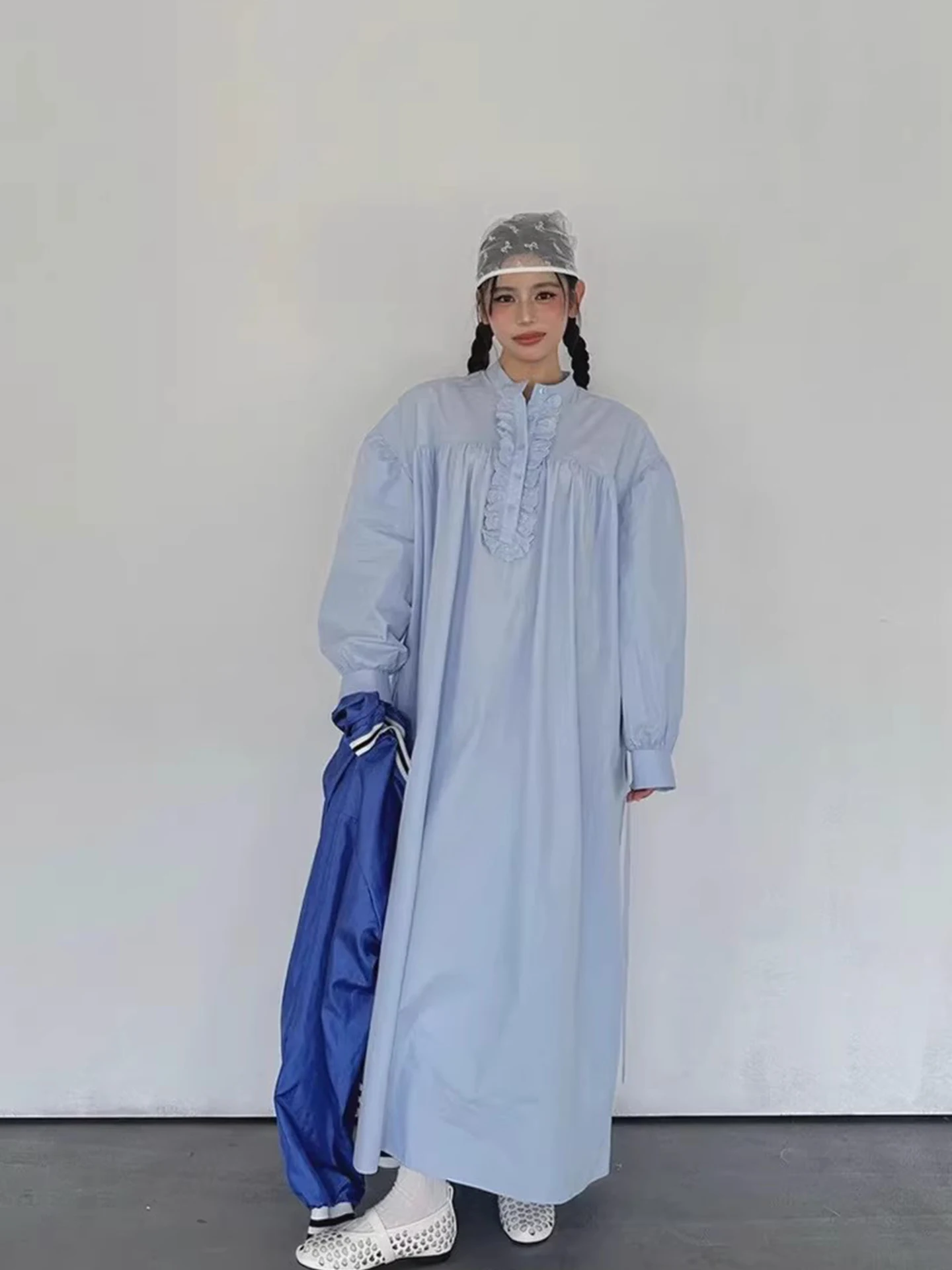 Bolha de emenda de renda azul sve dr feminino início da primavera vintage preguiçoso sle cintura-emagrecimento longo dr