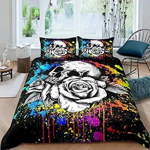 

Skull Rose Skeleton Theme Duvet Cover Set Polyester Comforter Cover with Pillowcase for Kid Boy Teen King Queen Size Bedding Set