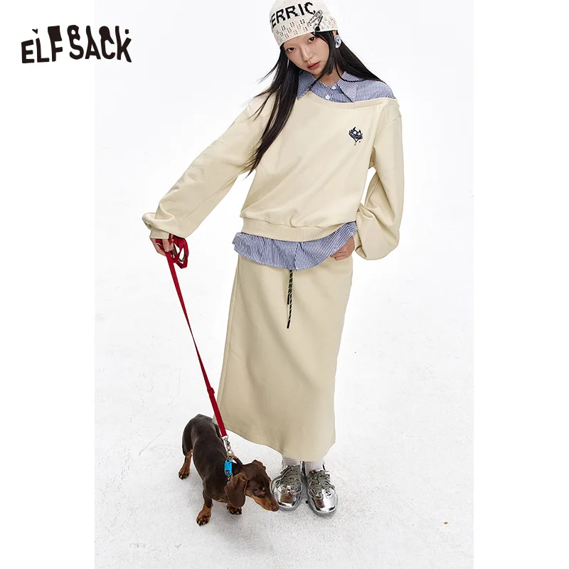 

ELFSACK 2025 Spring New Arrivals Original Print Patchwork Sweatshirt Suit Women Long Skirt Two-piece Set Female