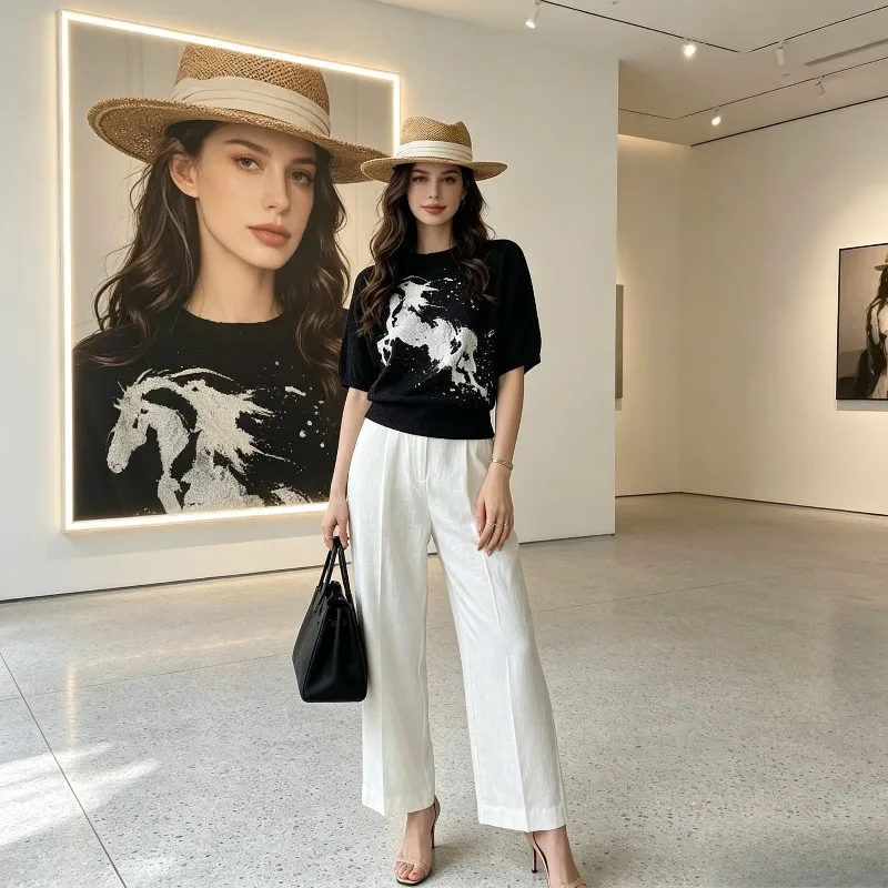 

Плиссированный топ Miyake с животным принтом, свободный крой, круглый вырез, повседневный стиль, креативный узор, весна-лето 2026, для женщин