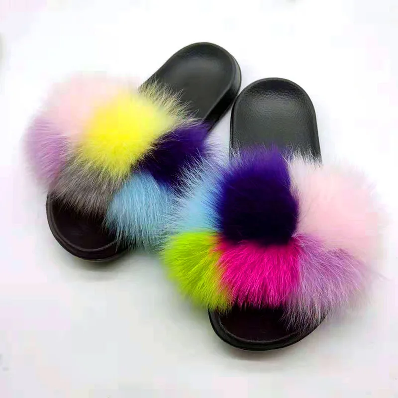 ผู้หญิง Flip Flops แฟชั่นแบนขนสุนัขจิ้งจอกจริงรองเท้าแตะในร่ม Anti SLIP เย็บสี Fluffy Fox FUR รองเท้าแตะรองเท้าแตะ 2025