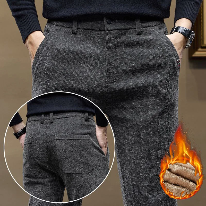 

Men Fashion Autumn Winter Warm Pants Male Daily Snow Warm Plush Fleece Pants Business Casual Straight Leg Long Trousers