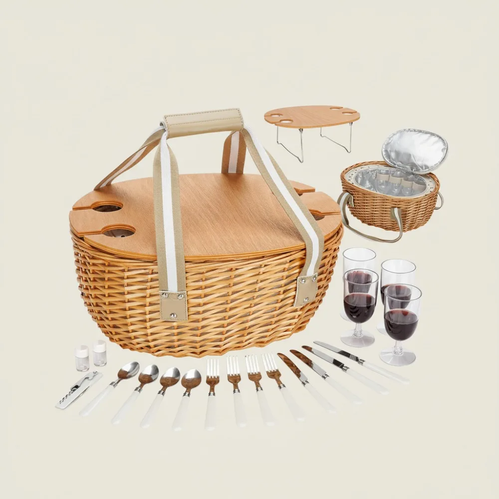 

4-Person Insulated Picnic Basket with Folding Table & Cooler Bag - Portable Outdoor Camping Set for Family