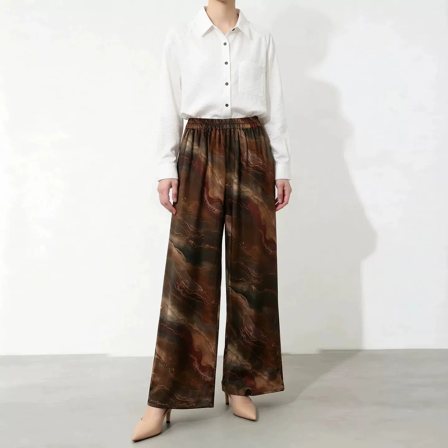 Winsleter-100%Real Silk Watered Gauze Elegant Trousers, Elastic Waist Hua Luo, Women Retro Chic Pants, 2026 Autumn New B6O441CC