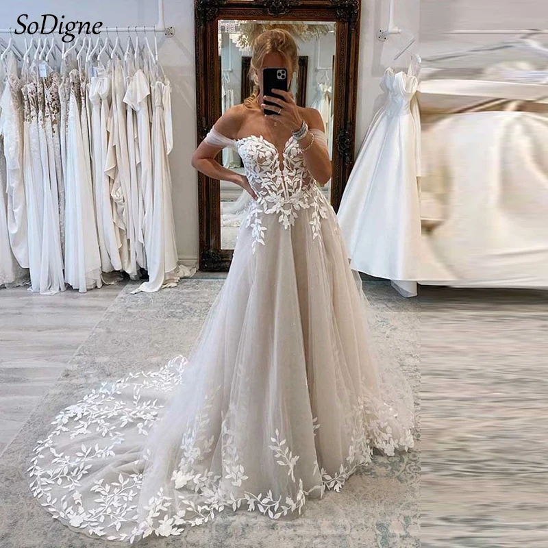 

SoDigne A-line Tulle Off Shoulder Wedding Dresses Sweetheart Appliques Bride Gowns Long 2024 Women Bridal Dress robe de mariée