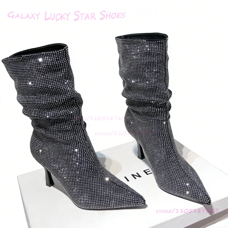 

Silver Black Stacked Boots Rhinestones Burgundy Fabric Stiletto Heel Slip On Pointed Bling Ankle Shiny Booties Girl Simple Shoe