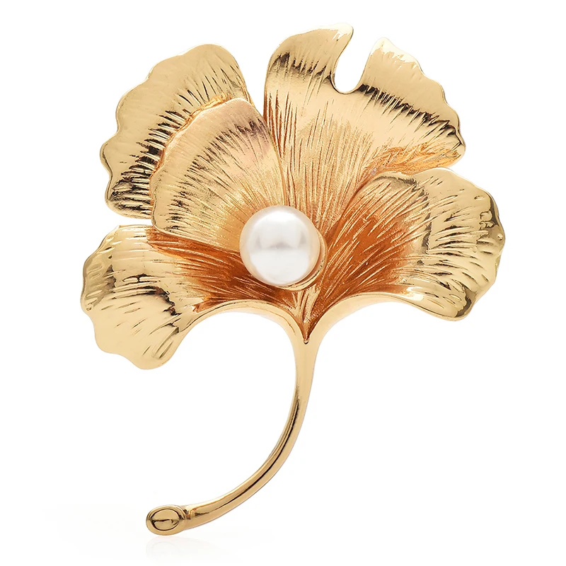 

Wuli&baby Pearl Ginkgo Leaf Brooches Smooth Surface Metal Classic Plants Party Office Brooch Pins For Women Fashion Jewelry