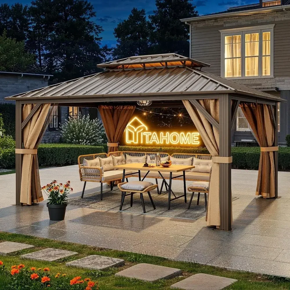 10x12t Hardtop Gazebo with Nettings and Curtains, Heavy Duty Double Roo Galvanized Steel Outdoor Combined o Horizontal Veal Stri
