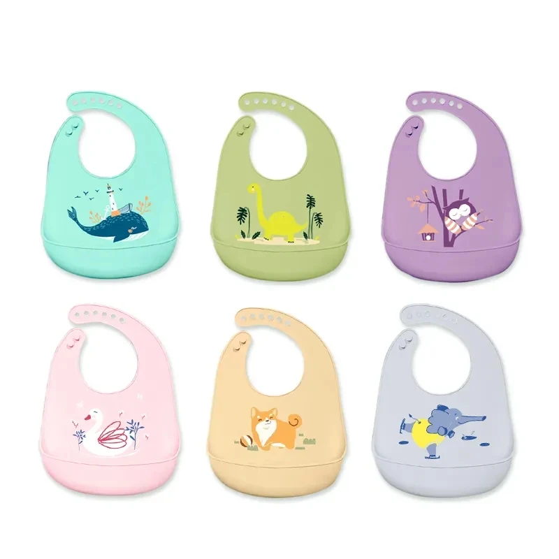 Soft Waterproof Silicone Baby Bib with Color Animal Pocket Washable Clean Bpa Free Infant Para Eating Feeding Supply for Toddler