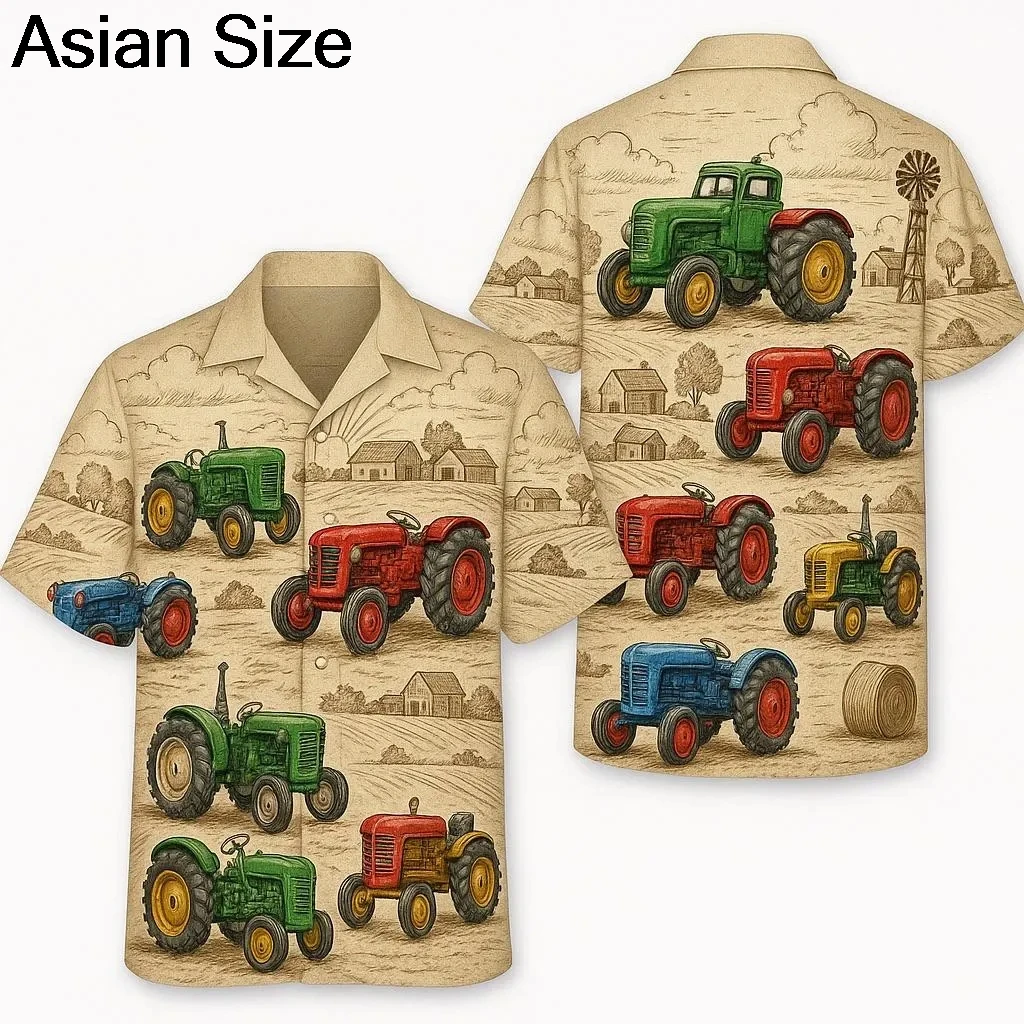 Tractor Hawaiian Shirts, Farm Lover Button Down Shirt, Beach Shirts For Men Women, Vintage Agriculture Tools Short Sleeve Shirt