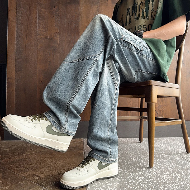 

American Style Spliced ​​straight Jeans for Teenagers Trendy Brand Versatile Loose Narrow Version Wide-leg Casual Pants for Men