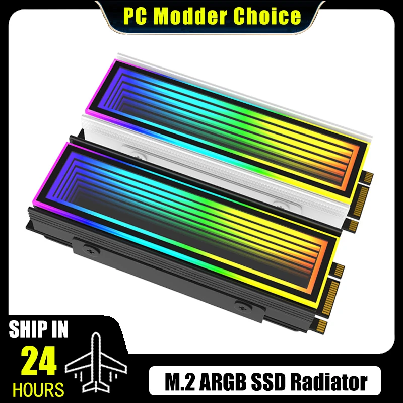 M2 NVMe Cooler ARGB Snow Infinite Mirror Design M.2 SSD Heatsink Mobo 5V RGB SYNC, Black/Silver