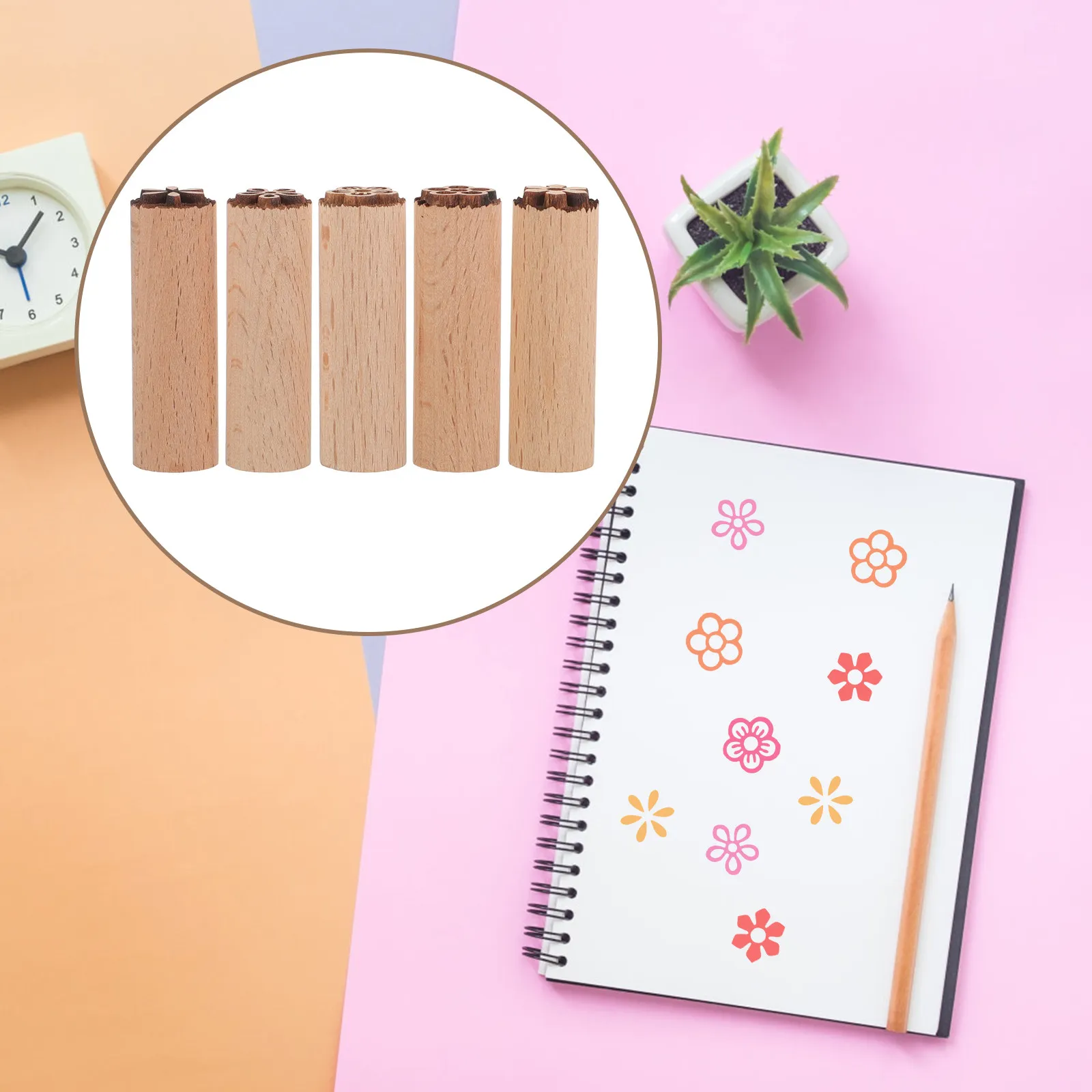 5Pcs Flower Stamp Wooden Stamps Natural Wood Small Compact Scrapbook DIY Planner Stamps Multi Function Creative Craft