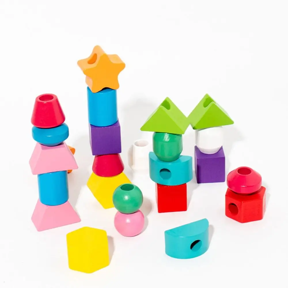 Bloques de desafíos interactivos cognitivos con forma de Color geométrico, juego de rompecabezas, cuentas de cordones DIY, secuencia de cuentas de madera