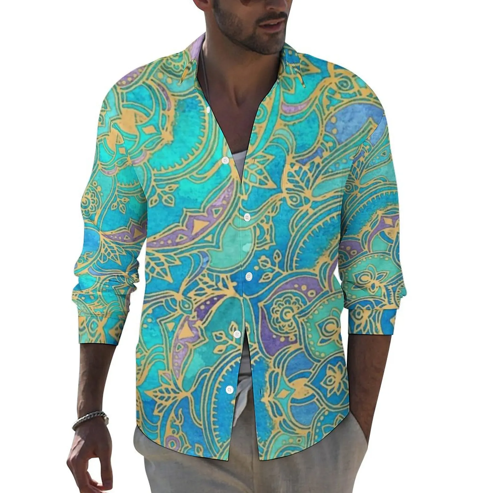 Metallic Gold Retro Casual Shirts Male Boho Mandalas Shirt Long Sleeve Cool Y2K Blouses Spring Custom Clothes Plus Size