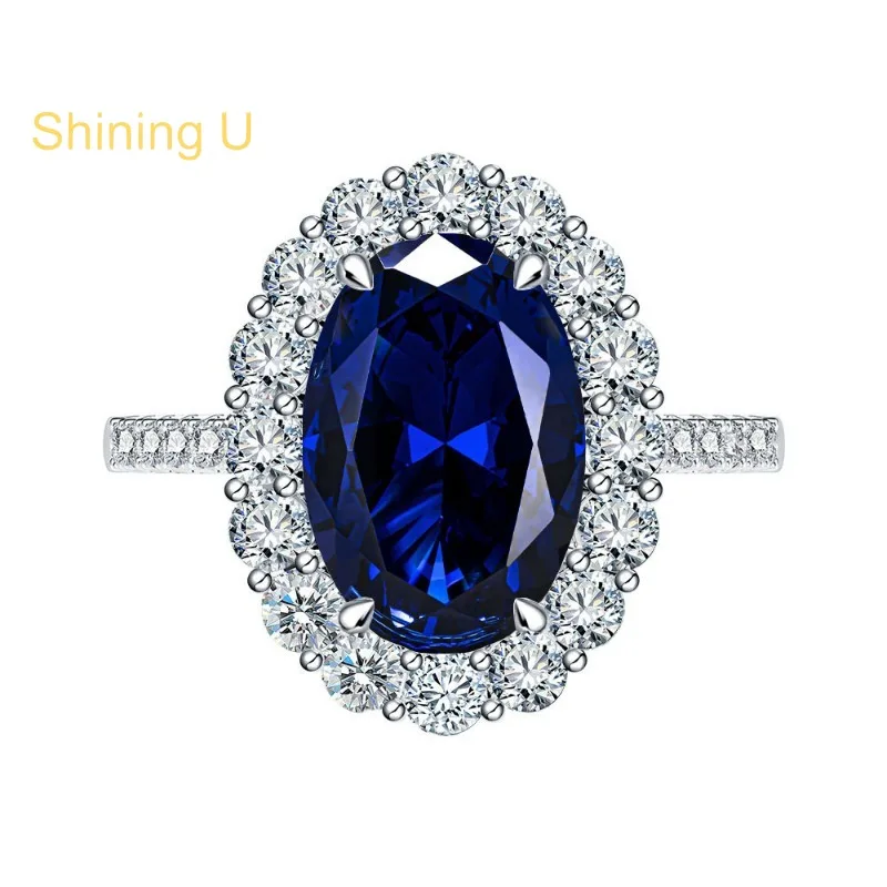 Shining U 925 Sterling Silver 8*12mm Oval Sapphire Ring for Women Engagement Fine Jewelry