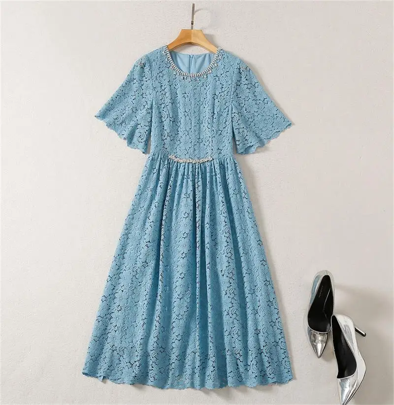 Princess Kate Middleton Dress 2023 High Quality Runway Woman Dress O-Neck Short Sleeve Beading Elegant Lace Dresses NP1862W