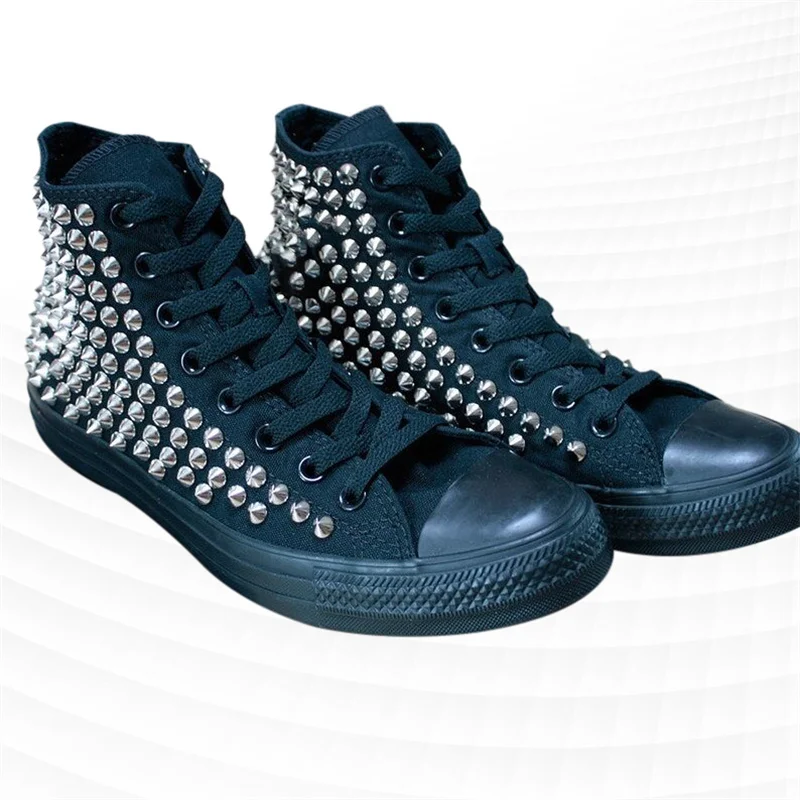 High-top black sports rivet canvas shoes comfortable walking shoes handmade rivets neutral vulcanized shoes 35-46