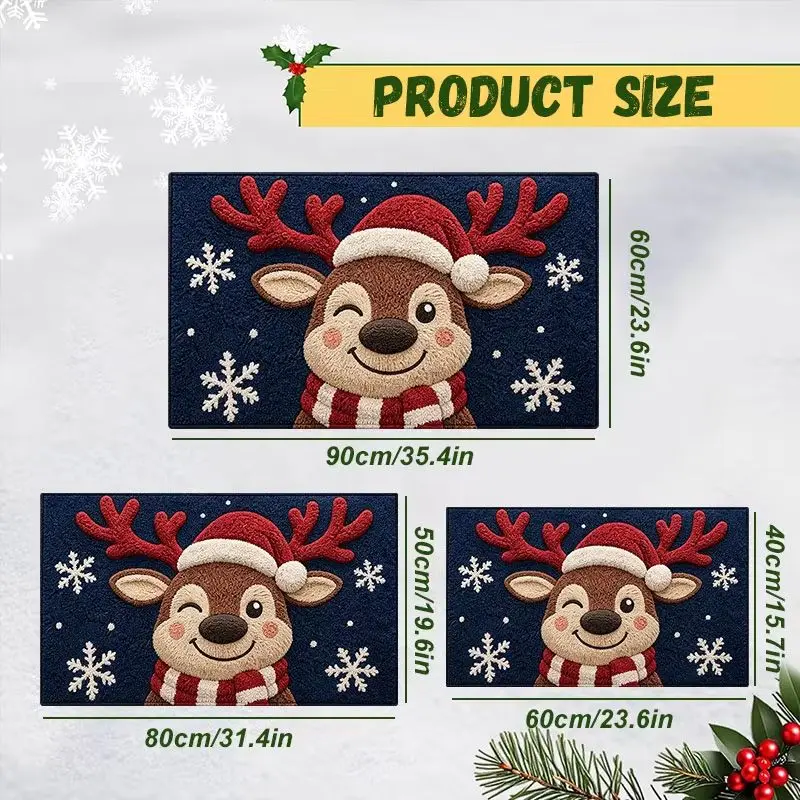 VIKAMA Reindeer Doormat with Santa Hat Scarf Snowflakes Navy Merry Christmas Welcome Mat Winter Entryway Front Porch Rug