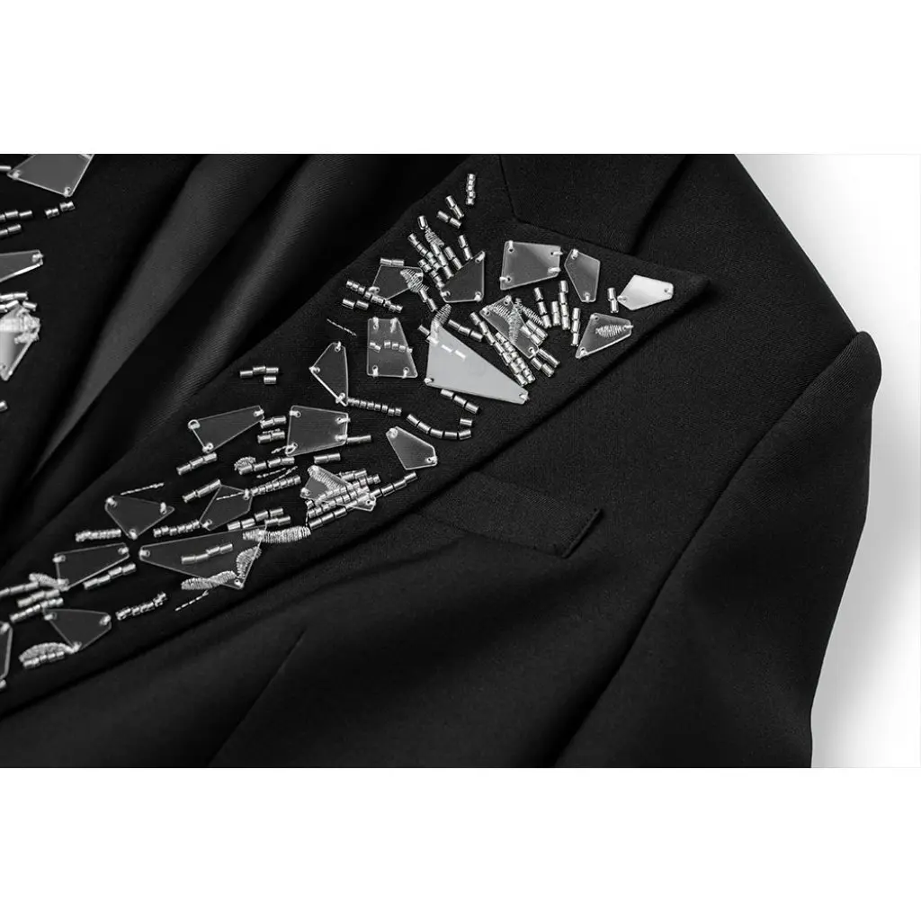 

Black Beaded Collar Luxury Suit Jacket New Autumn Heavy S-2XL Commuter Top Women's Fashion Upperwear