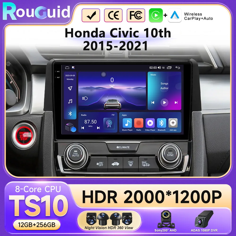 Car Radio For Honda Civic 10th 2015 2016 2017 2018 2019 2020 2021 Auto Wireless Carplay Android Auto Multimedia Touch QLED DVD