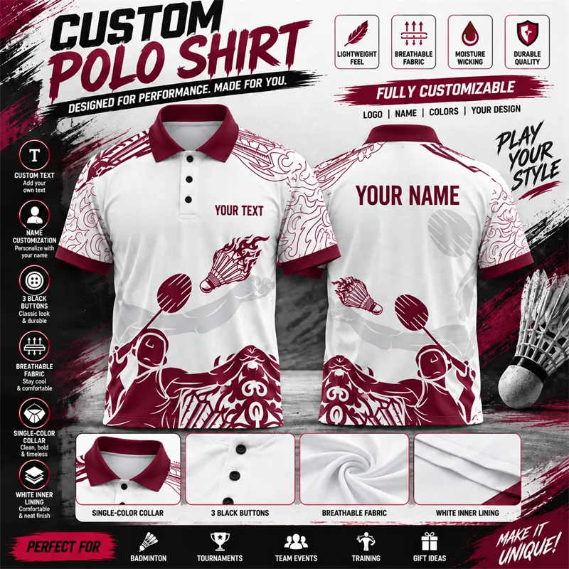 Create Your Own Badminton Polo Add Team Name Logo Text 3D All Over Print Lightweight Short Sleeve Racket Sportswear Gift Top