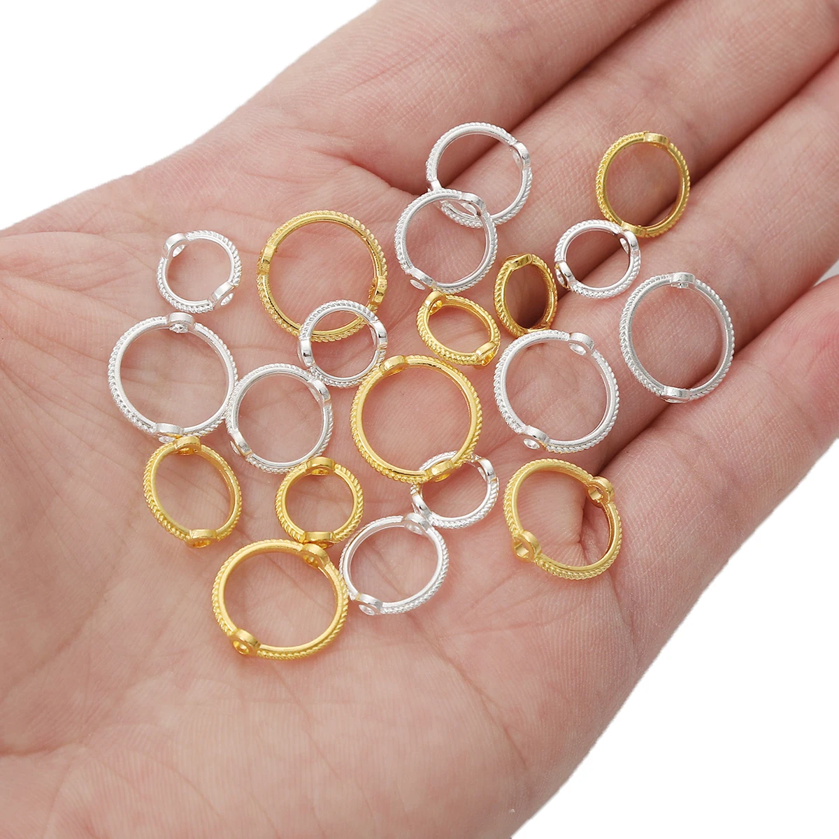 30pcs Metal Bead Wrapping Rings Alloy Gold/Silver Color Plated Double Holes Lace Circle For DIY Jewelry Making Findings 6/8/10mm