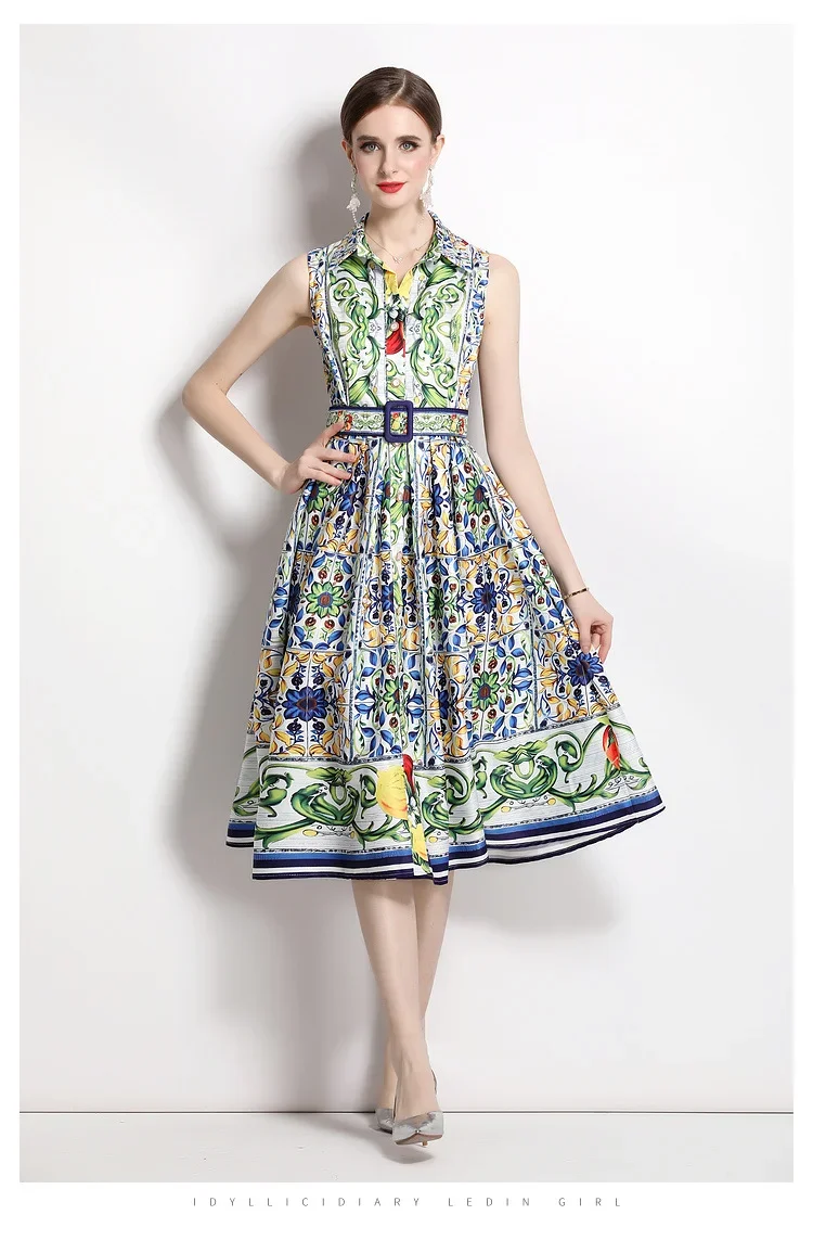 

New Runway Sleeveless Turn Down Collar Single-Breasted A-Line Dress Women Holiday Flower Printing Belt Party Beach Vestidos