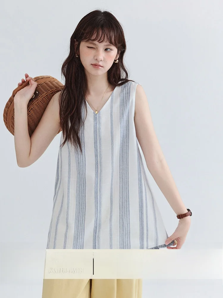 

AMUU Original Knot Fringe Hem Sleeveless V-Neck Striped Women's Shirt Summer New Style Korean Loose Fit Breathable