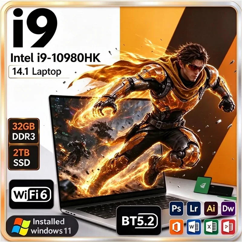 2026 New Laptop 14.1 Inch Windows 11 Intel Core I9 9900 16GB RAM 1TB 2TB SSD Fingerprint Unlock Study Office Pc Gaming Laptops