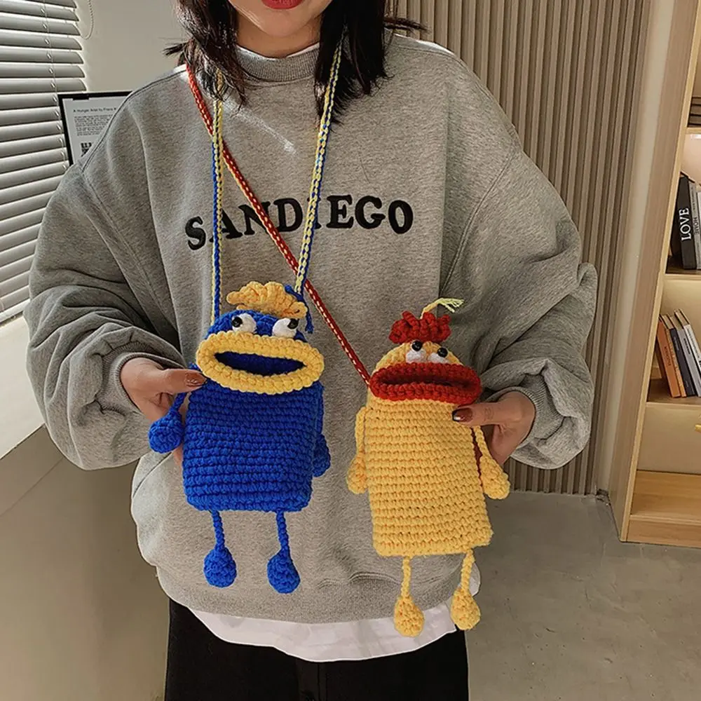 Cartoon Sausage Mouth Knit Phone Bags Funny Coin Purse Korean Style Handmade Crochet Bag Handbag Small Messenger Bag Women