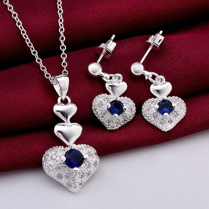 Ensemble de bijoux de mariage en argent regardé 925 pur, pendentif coeur en cristal, boucles d\'oreilles romantiques, bleu, mignon, mode