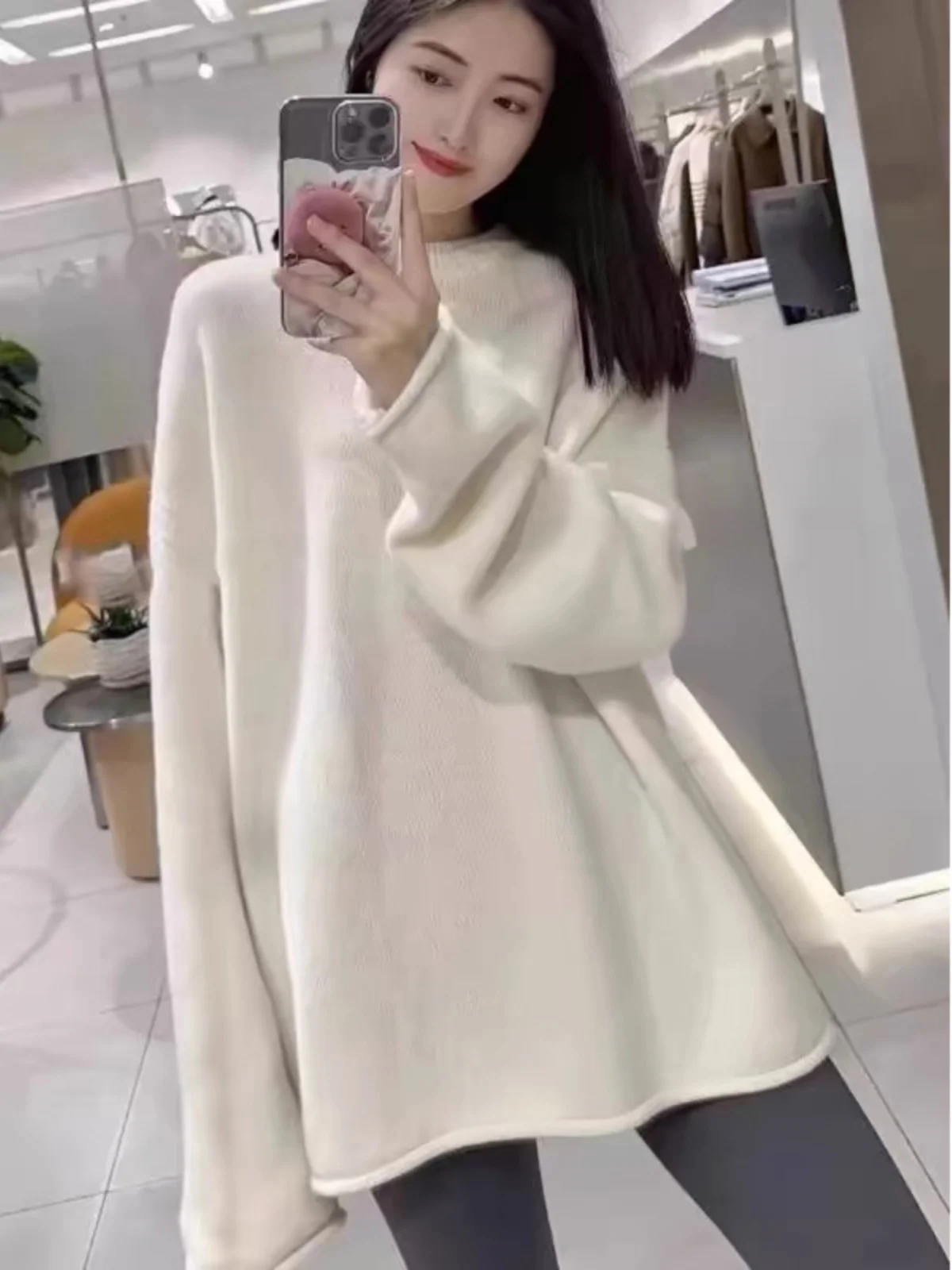 

Korean Sle Soft Lazy Mid-Length Sweater Women's Autumn Winter Outerwear Design Cuffed Pure Color Knitted irt Warm Thi