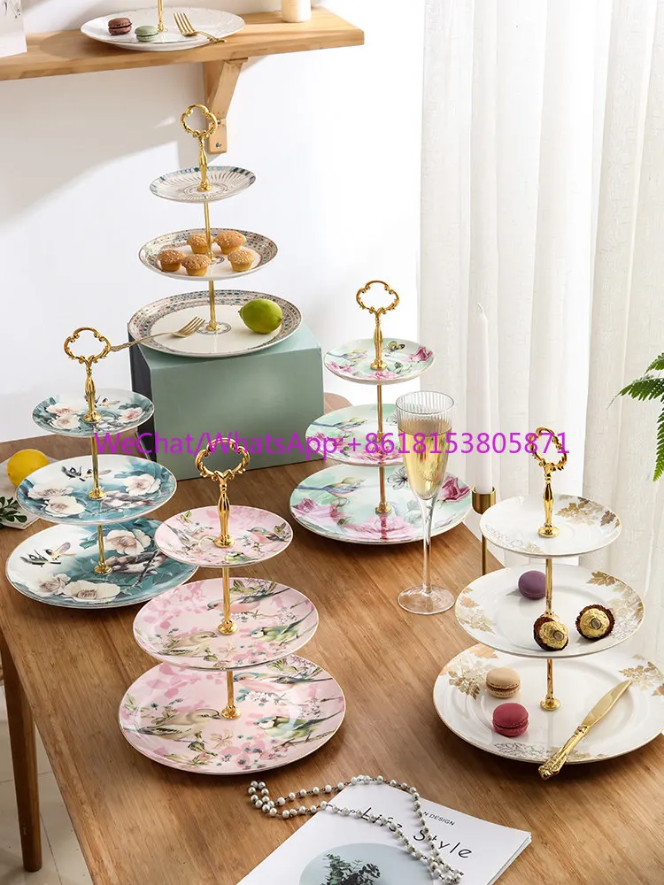 European ceramic three-layer snack rack double-layer fruit plate living room coffee table household