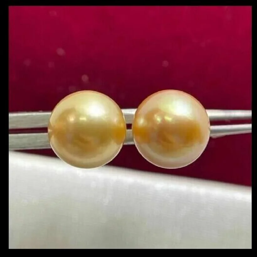 Huge pair of AAAA 11-12mm real natural Round Golden South Sea Pearl Earrings 18K