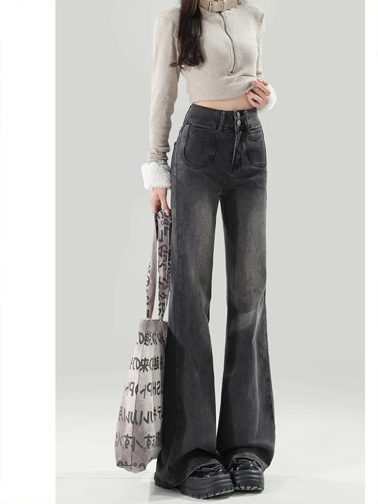 جينز نسائي أمريكي بخصر مرتفع وأرجل واسعة، مقاسات كبيرة، بأزرار مزدوجة، فضفاض ونحيف، بنطلون طويل كاجوال من القطن الدنيم