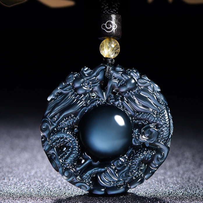 Natural ice color obsidian double dragon guardian pendant belongs to the dragon zodiac pendant necklace men's and women's