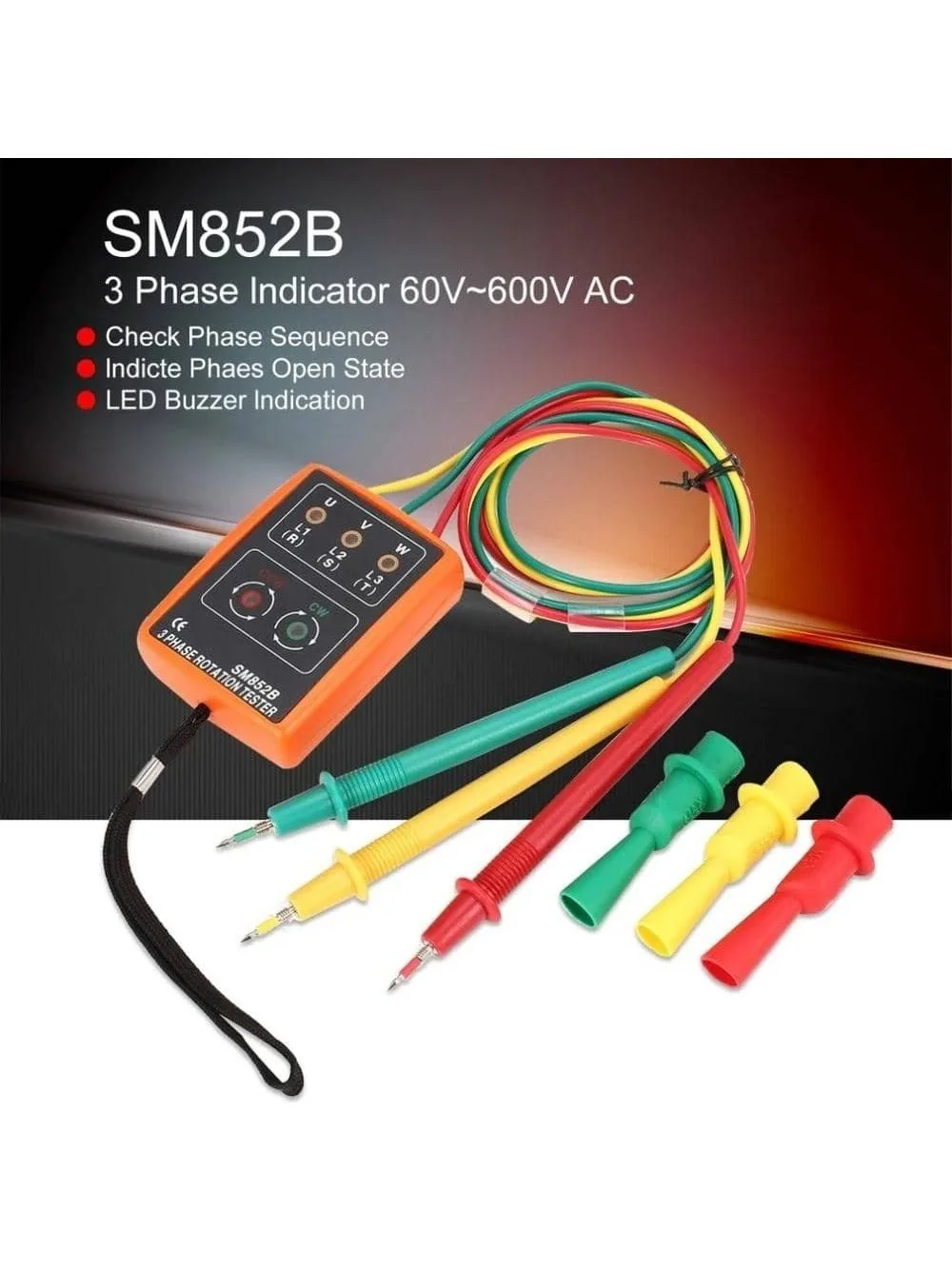 SM852B 3 Phase Rotation Tester Digital Phase Indicator Detector LED Buzzer Phase Sequence Meter Voltage Tester 60V~600V ACSM852B