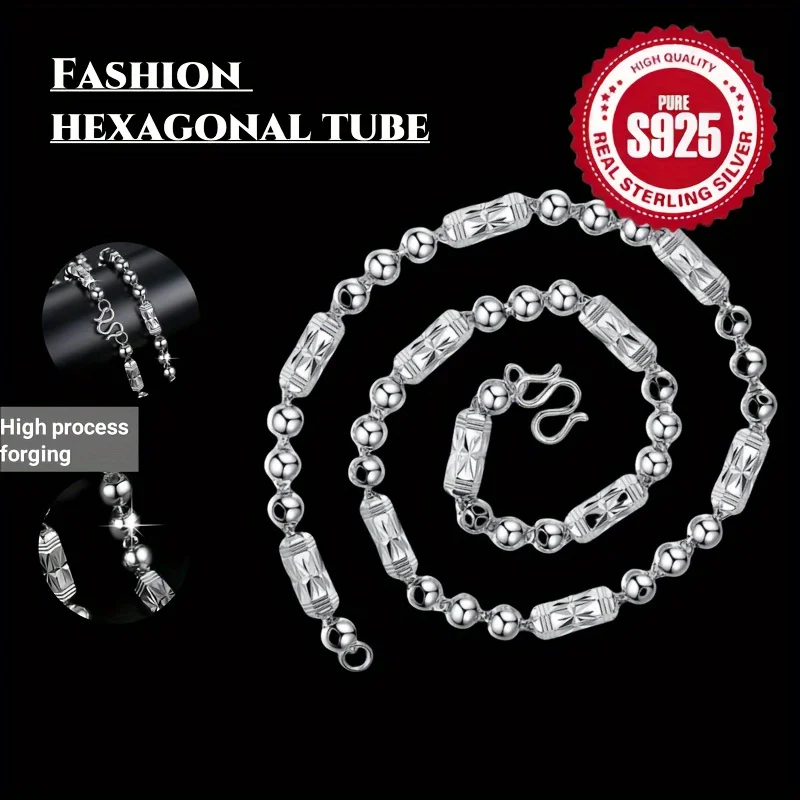 925 Sterling Silver Hexagonal Tube Bead Chain Necklace for Men, Hip Hop Bold Silver Link Necklace, Sturdy Fashion Jewelry for Daily Wear, Gift for Husband Boyfriend Christmas Wedding Anniversary, Comes with Elegant Gift Box