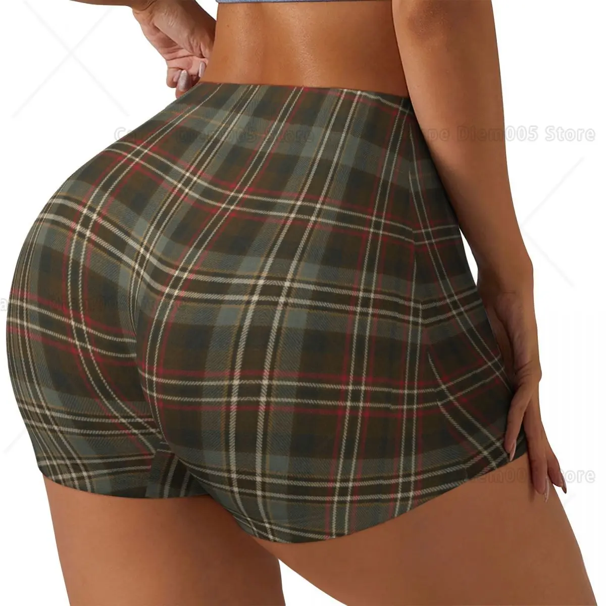 Brown Vintga Plaid Pattern Women's Cut Out Yoga Shorts Scrunch Booty Hot Pants High Waist Gym Workout Active Shorts