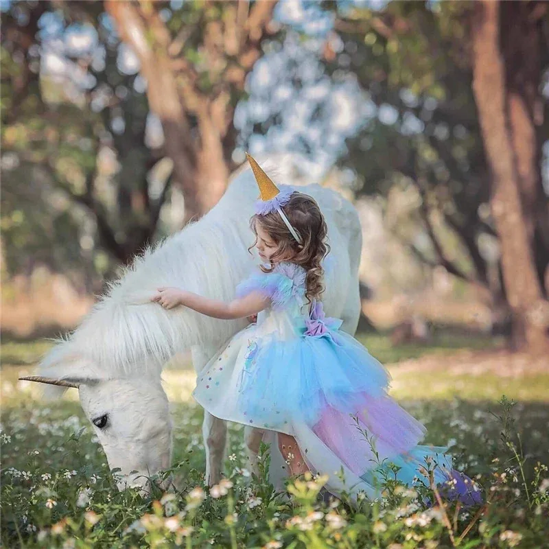 Christmas Girls Unicorn Dress Costume with Long Tail Wings Wig Hairband Baby Princess Birthday Party Halloween Kid Horse Clothes