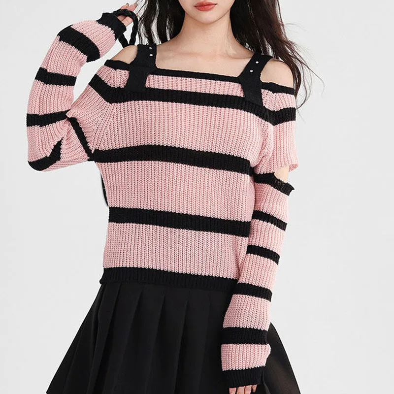 

Новый уникальный вязаный свитер с длинными рукавами, женские пуловеры с вырезом в полоску, вязаный свитер, пуловер, женские топы Sueter Feminino Q2560