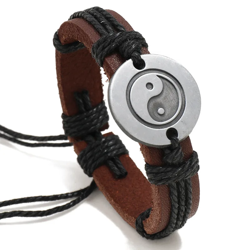 Yin Yang Symbol Adjustable Leather Rope Bracelet Charm Tai-chi Symbol Bracelet Jewelry for Men Women Gift Free Shipping Items