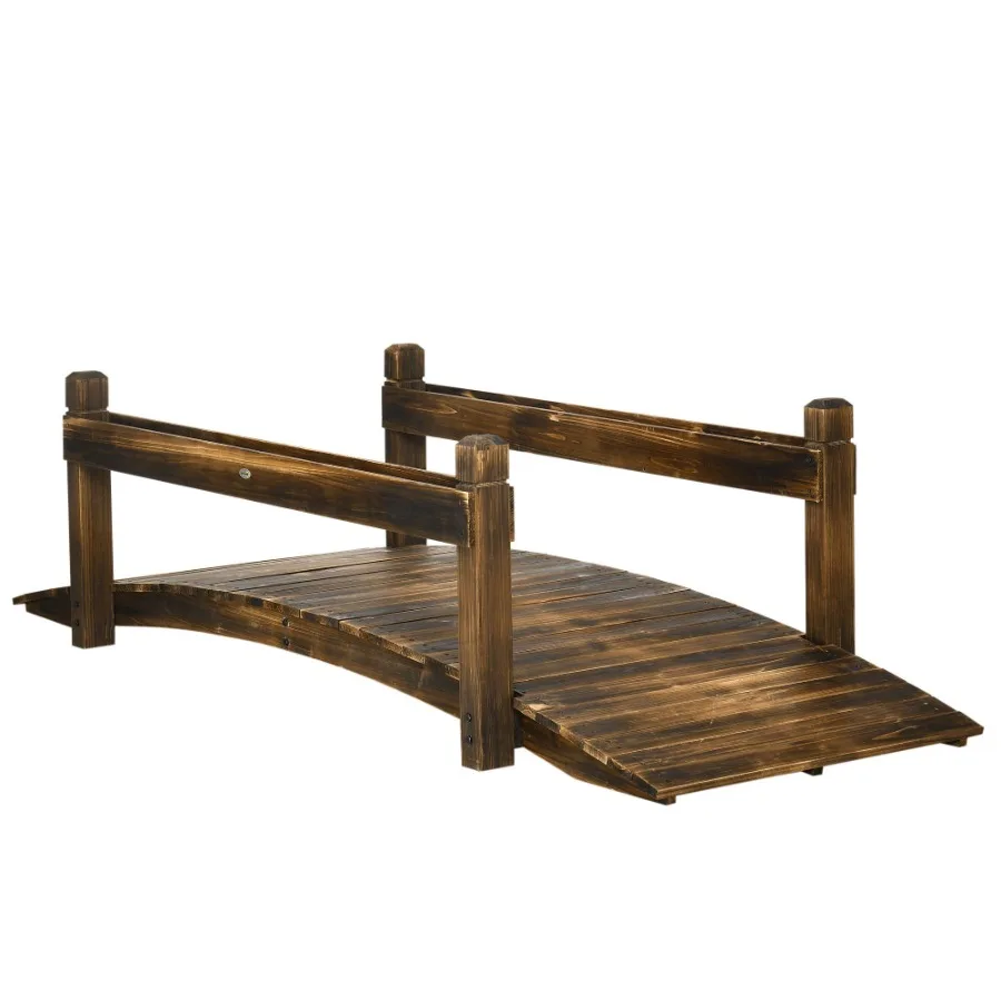 

7.5' Wooden Garden Bridge with Planters on Safety Railings Stained Finish Arc Footbridge for Backyards Gardens and Streams
