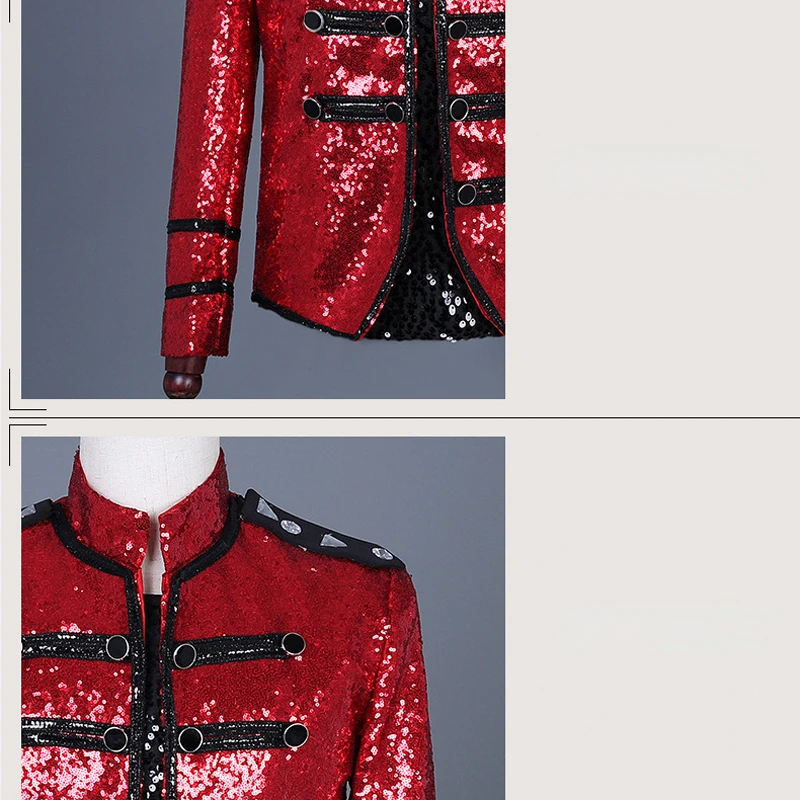 Men\'s Red Sequin Steampunk Military Jacket Double Breasted Punk Gothic Parade Suit Jacket Men Party Singer Show Prom Costume